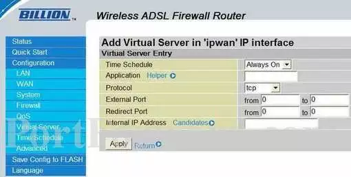 Billion BiPAC-6404VGP port forward