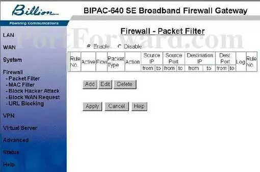 Billion Bipac-640SE port forward