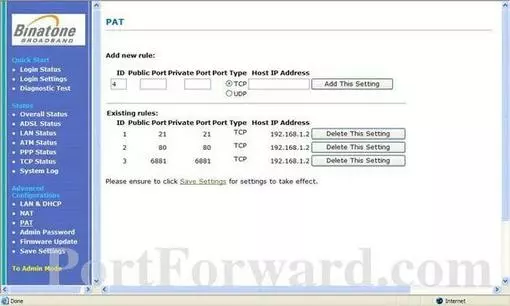 Binatone ADSL2000 port forward