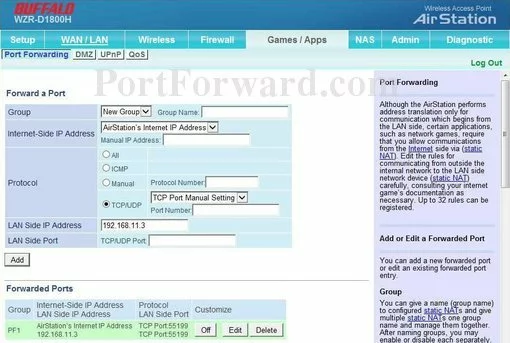 Buffalo WZR-D1800H port forward