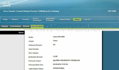 Cisco DPC3848 DOCSIS WAN Status