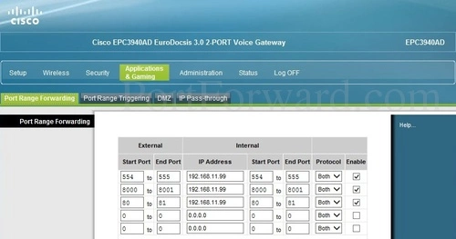 Cisco EPC3940AD Port Range Forwarding