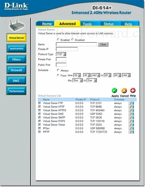 Dlink DI-614+ Virtual Server