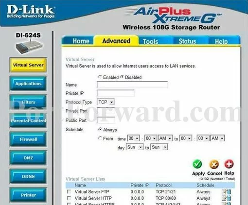 Dlink DI-624S port forward