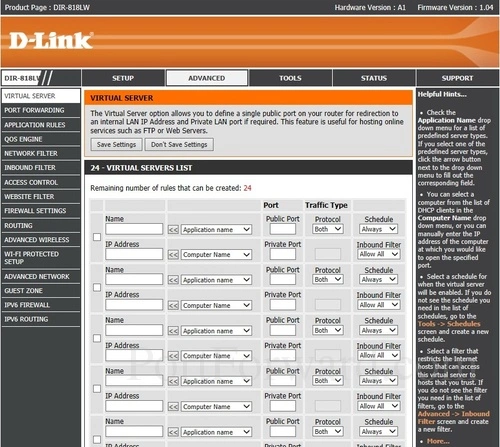 D-Link DIR-818LW Virtual Server