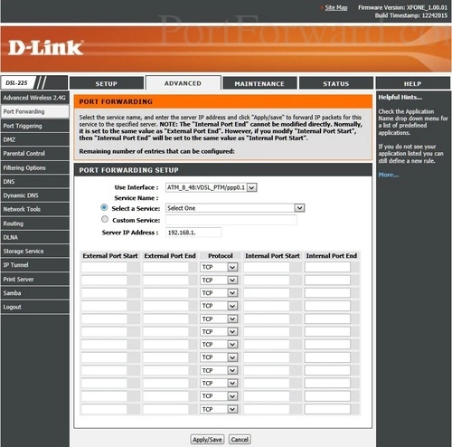 Dlink DSL-225 Port Forwarding Setup