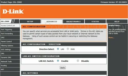 Dlink DSL-2500E Access Control List