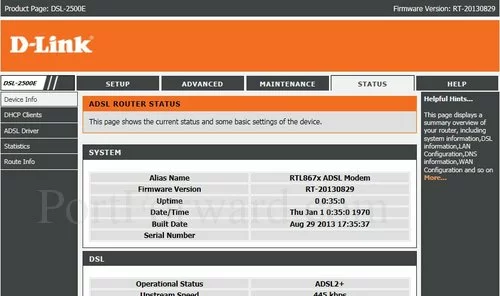 Dlink DSL-2500E Device Info
