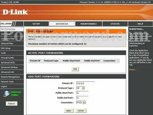 Dlink DSL-2640R port forward