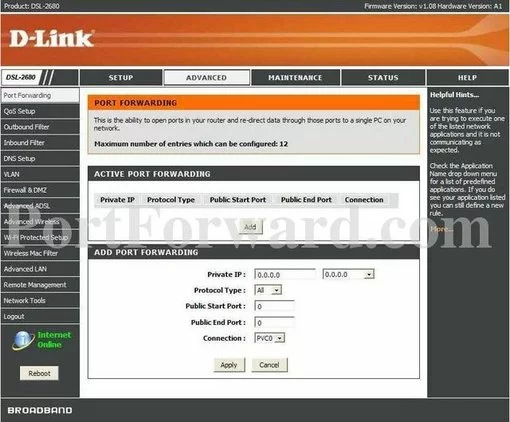 Dlink DSL-2680 port forward