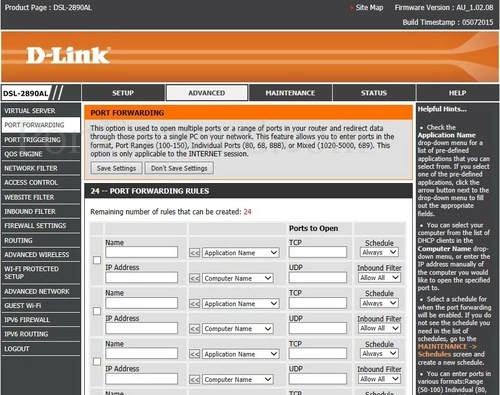 Dlink DSL-2890AL Port Forwarding