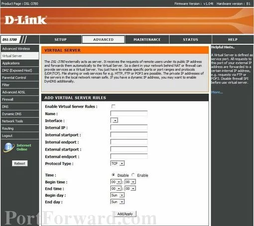 Dlink DSL-3780 port forward