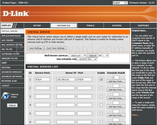 Dlink DWR-921 Virtual Server