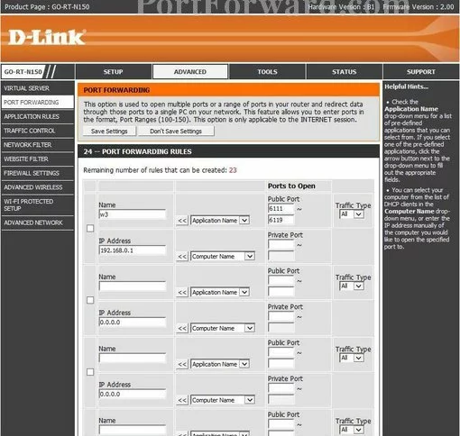 Dlink GO-RT-N150 port forward