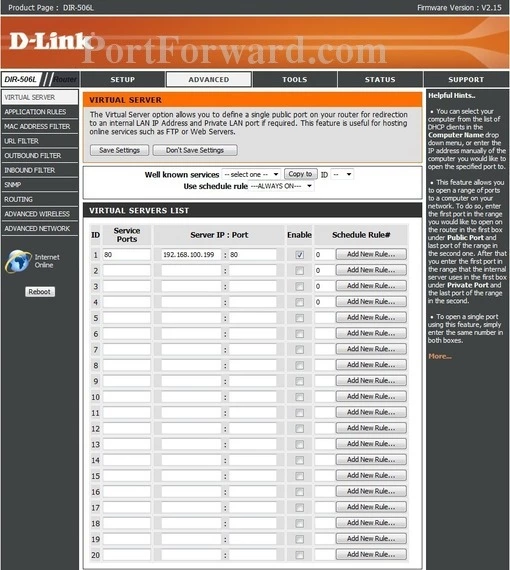 Dlink DIR-506L port forward