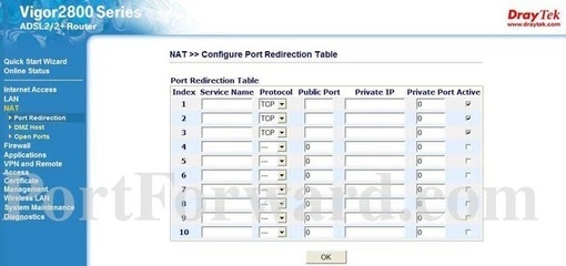 Draytek Vigor-2800G port forward