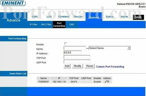 Eminent EM4218 port forward