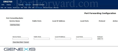 Genexis DRG700 Port Forwarding Configuration Add New Rule