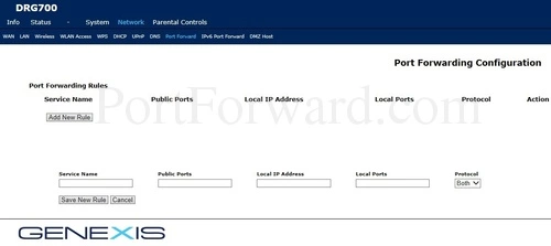 Genexis DRG716 Port Forwarding Configuration Add New Rule