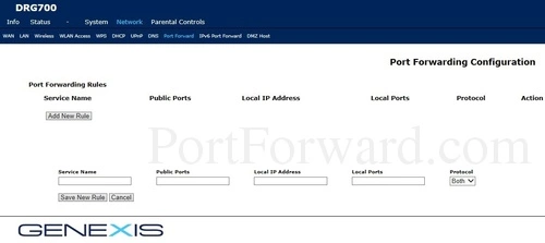 Genexis DRG717 Port Forwarding Configuration Add New Rule