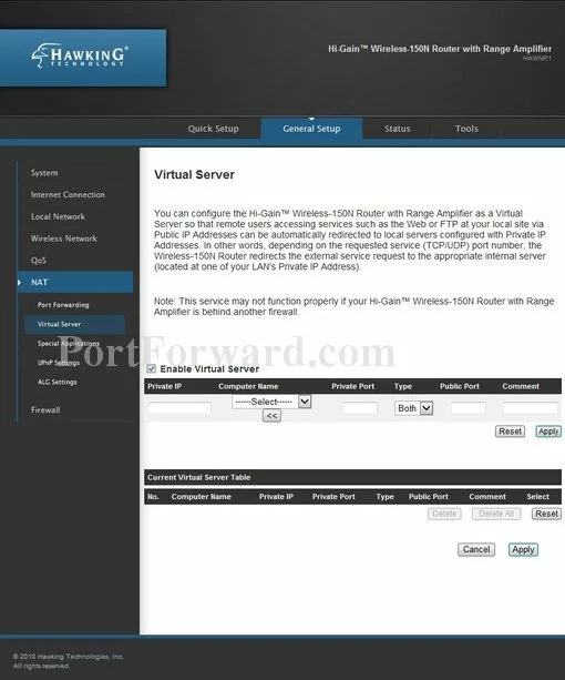 Hawking HAWNR1 port forward