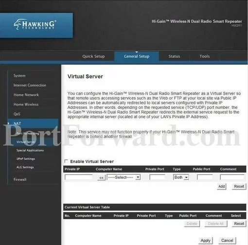 Hawking HW2R1 port forward