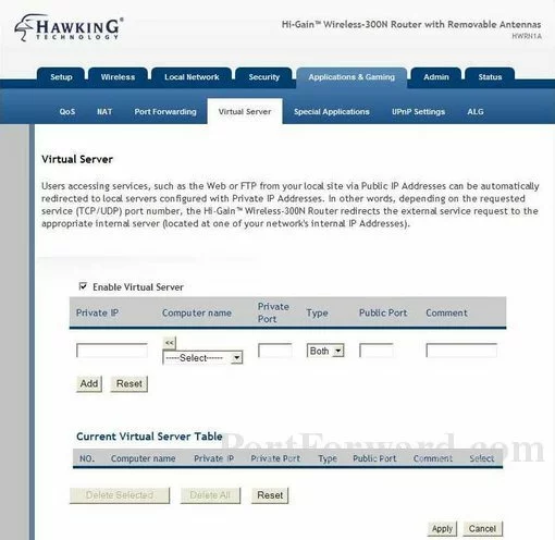 Hawking HWRN1A port forward