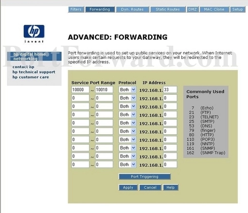 Hewlett Packard hn200e port forward