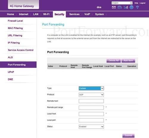 Huawei B593s-22 Port Forwarding Add