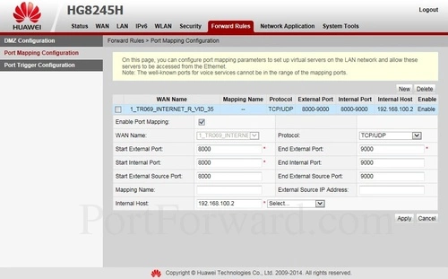 Huawei HG8245H Port Mapping Configuration