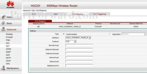 Huawei HG232f port forward