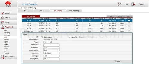 Huawei HG532d Port Mapping