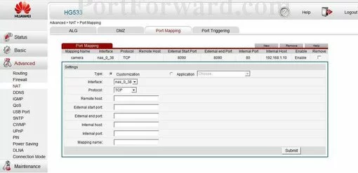 Huawei HG533 port forward