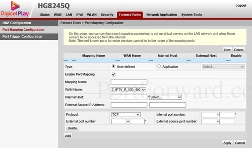 Huawei HG8245Q - DigicelPlay Port Mapping Configuration