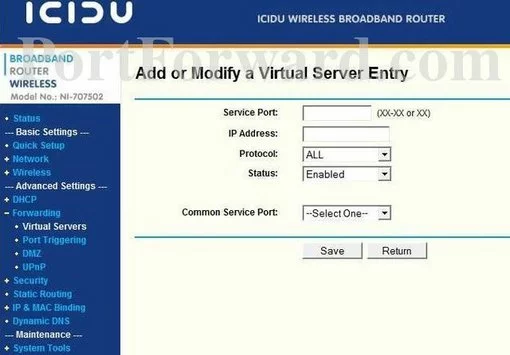 ICIDU NI-707502 port forward