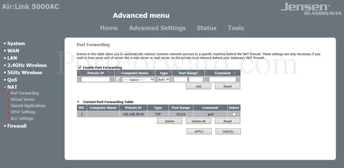 Jensen Scandinavia Air:Link 5000AC Port Forwarding