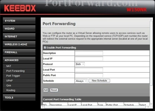 KEEBOX W150NR port forward