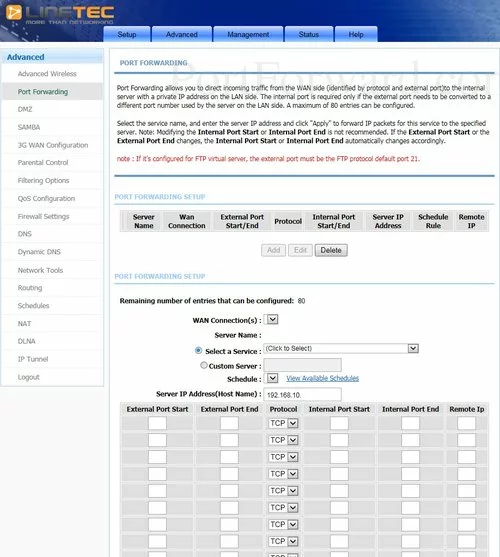 Linetec LT150MR Port Forwarding Add