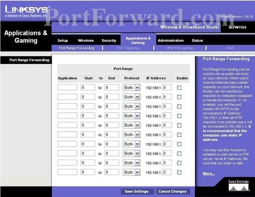 Linksys BEFW11S4v1.50.10 port forward