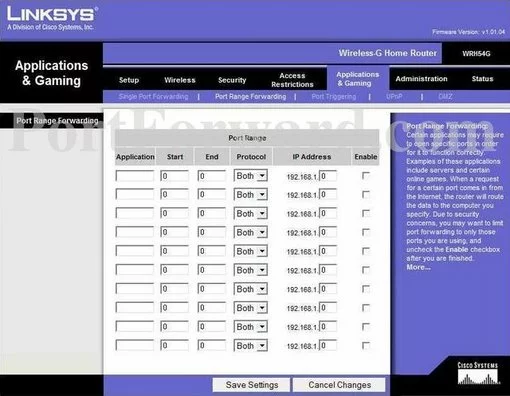 Linksys WRH54G port forward