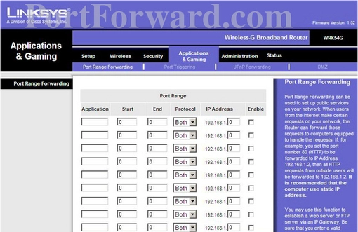 Linksys WRK54G port forward