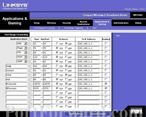 Linksys WRT54GC port forward