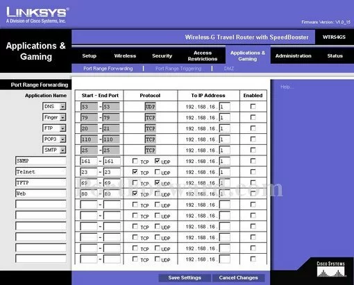 Linksys WTR54GS port forward