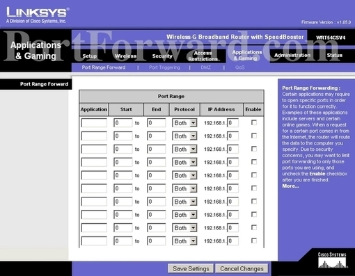 Linksys WUSB54GS port forward