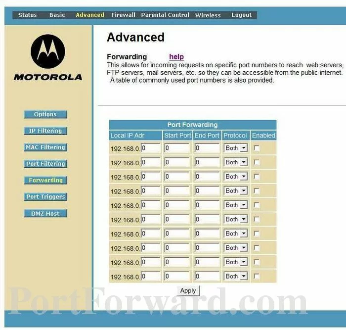 Motorola SBG6580 port forward