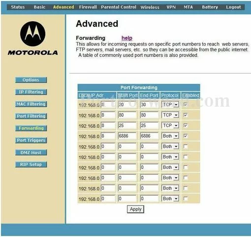 Motorola SBG901 port forward