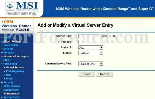 MSI RG300N port forward