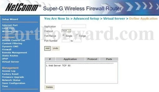 Netcomm NB600W port forward