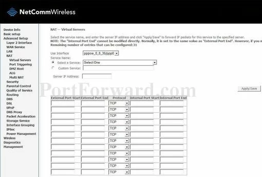 Netcomm NB604N port forward