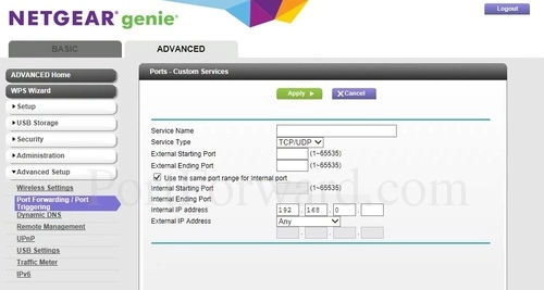 Netgear C3000-100NAS Port Forwarding Add